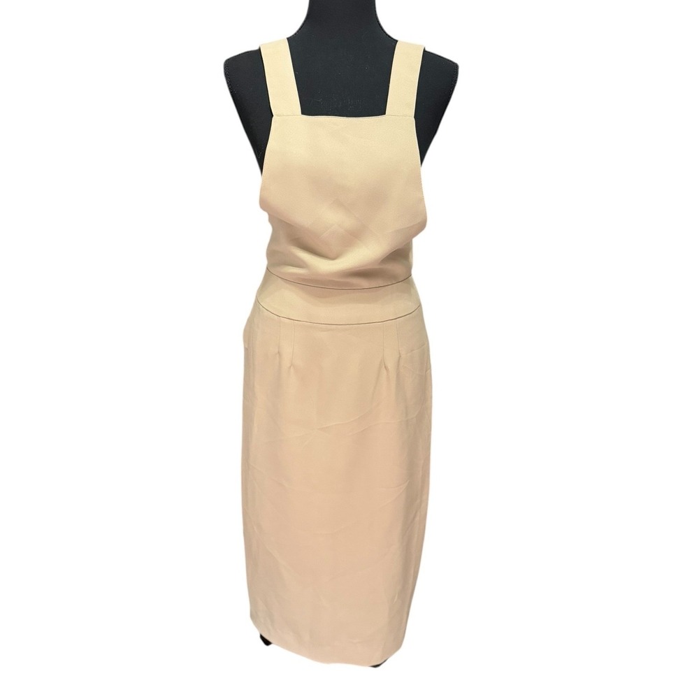Vintage Newport News Tan Pinafore Midi Dress Square‎ Neck Overall Style Petite 4